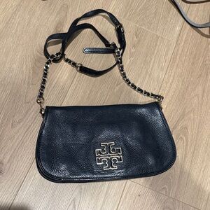 Tory Burch Black Pebbled Leather Chain-Trim Crossbody